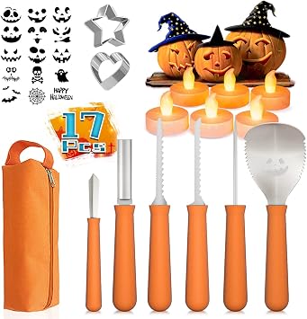17 PCS طقم نحت القرع للأطفال والكبار مع القبعات الساحرة شموع LED قوالب غير القابل للصدأ مجموعة سكين قطع القرع
