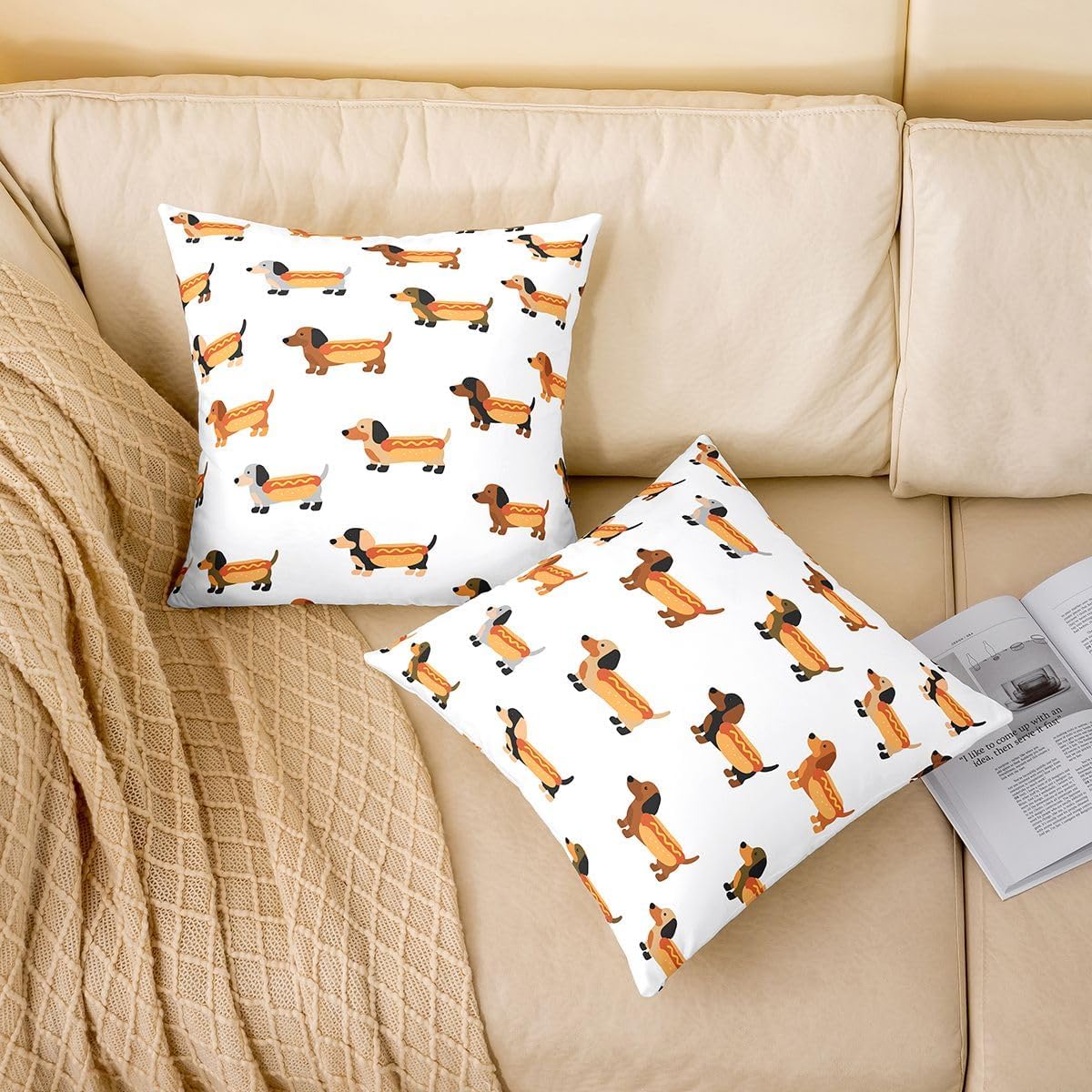 Cute Dachshund Dogs Throw Pillow Cover Hot Dog Food Themed Double Sides Pillow Case for Kids Boys Girls Room Decor,Funny Pet Animals Cushion Cover for Bed Couch Sofa,Soft White 2 Pack 18"x18" image 2