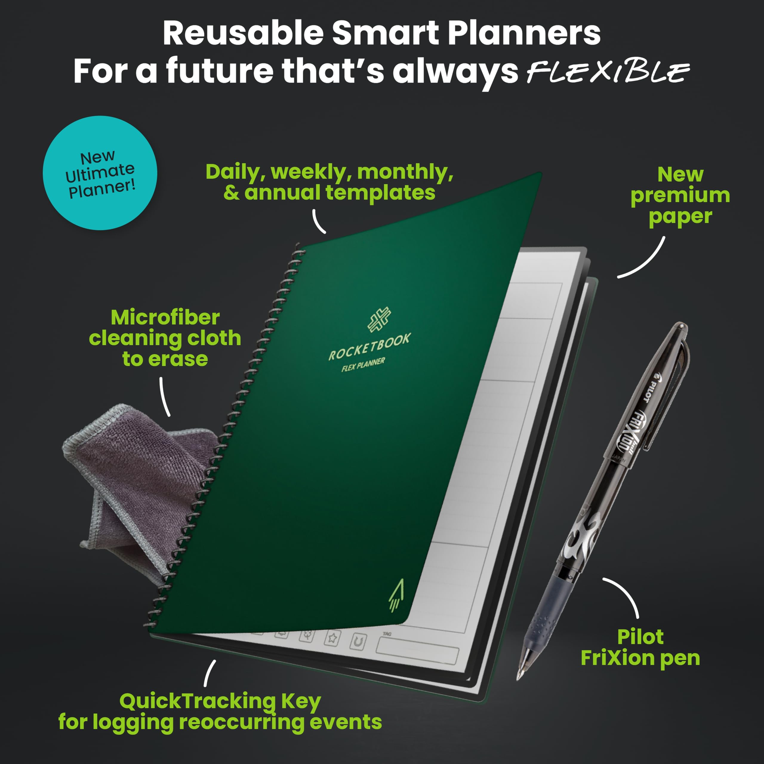 Rocketbook Flex Planner, riutilizzabile non datato intelligente, formato lettera 21,6 x 28 cm verde - Giornaliero, settimanale, mensile, calendario annuale, attività, obiettivi, pianificazione