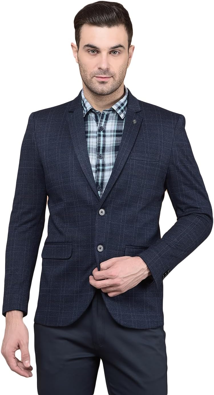 Men's Navy Blue Checked Single Breasted Blazer