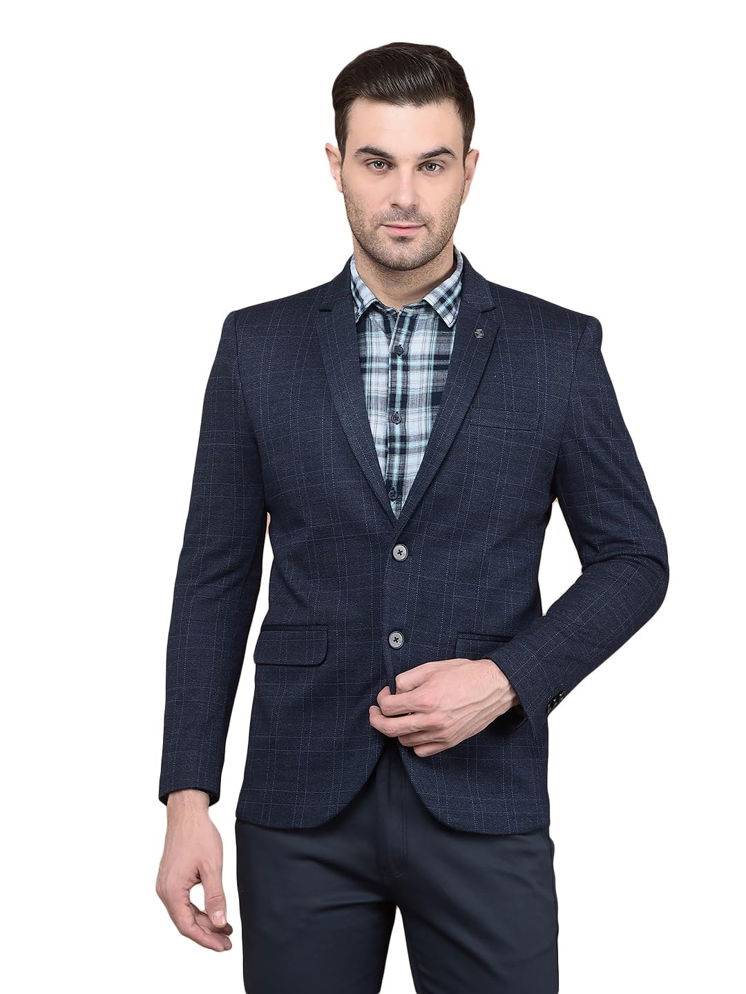 crimsoune club Men's Navy Blue Checked Single Breasted Blazer-picture-18