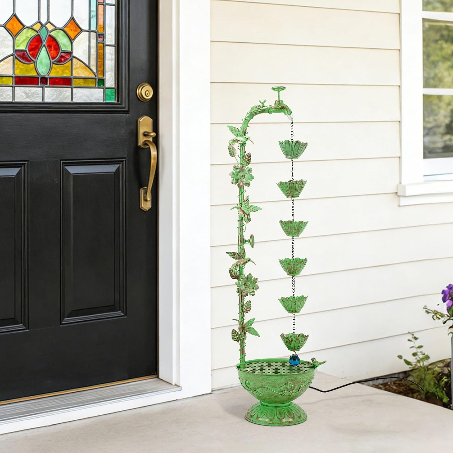 41" Outdoor Tiered Water Fountain, Faucet-Shape Floor Standing Fountains with 6 Hanging Lotus Cups, Indoor Cascading Water Fountain Feature for Garden Yard Home Decor