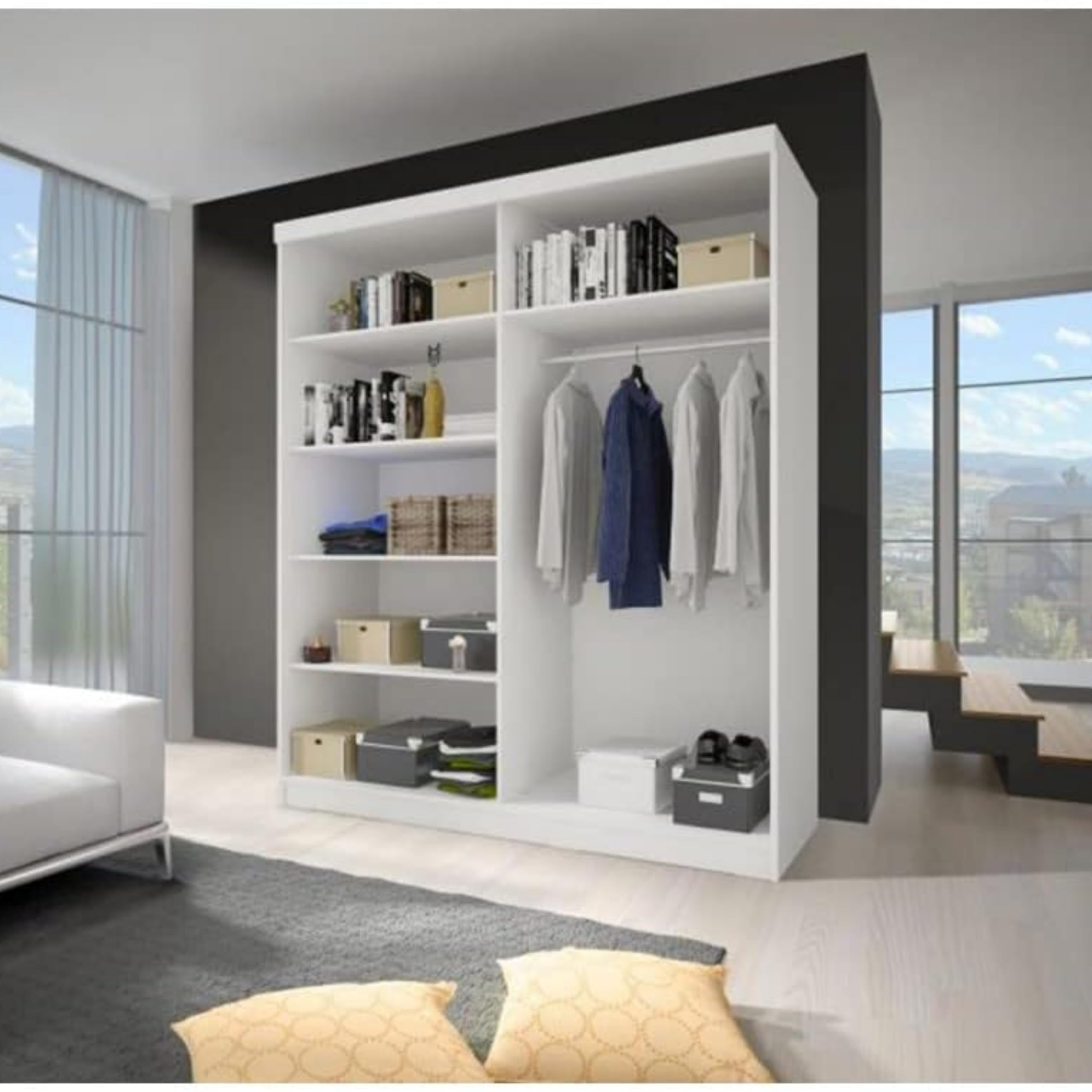 Hellios II - Chambre à Coucher Adulte Complète Avec lit 160x200 Avec Matelas, 2 Tables De Chevet, Armoire Avec Portes Coulissantes L:183 x H:218 x P:61 cm, Fancy - Blanc/Kathult+Gris