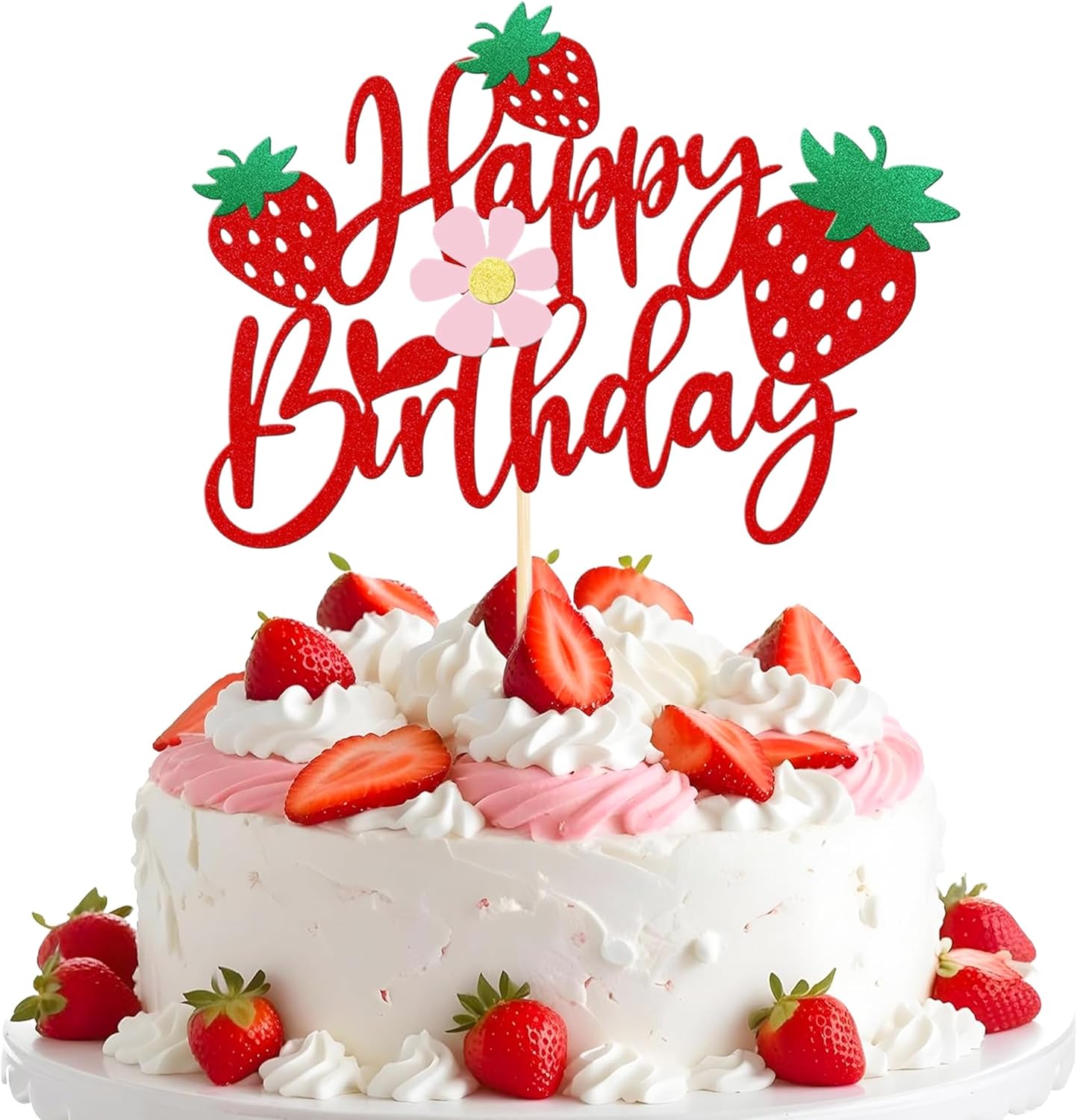 1 Piece Strawberry Happy Birthday Cake Topper, Glitter Strawberry Cake Decoration Suitable for Fruit Theme Birthday Party Strawberry Birthday Cake Decoration Party Supplies
