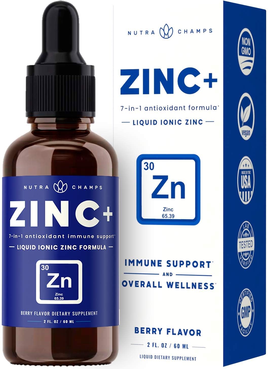 Organic Zinc Liquid Supplement - Zinc+ 7-in-1 Immune Support System Boost with Elderberry, Vitamin C, Echinacea & More - Ionic Concentrated Mineral Drops for Men, Women & Kids, 2 oz Berry Flavor : Health & Household
