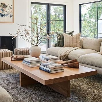 LAKIQ Solid Wood Coffee Table, Rectangular Rustic Center Table with Cross Legs Farmhouse Wooden Cocktail Tables Game Tables for Living Room - Table Only 47" L x 27.5" W x 18" H