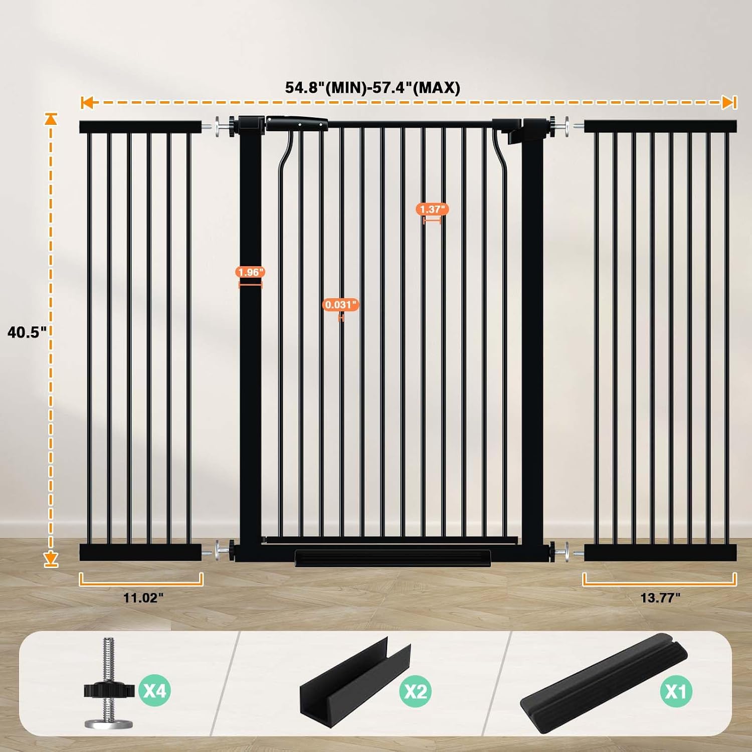 40.5" Extra Tall Baby Gate for Doorways, 54.8"-57.4" Extra Wide Pet Gate Pressure Mounted, Narrow Space Puppy Barrier Gates Indoor, No Drill Metal Safety Child Gate No Climb, Black