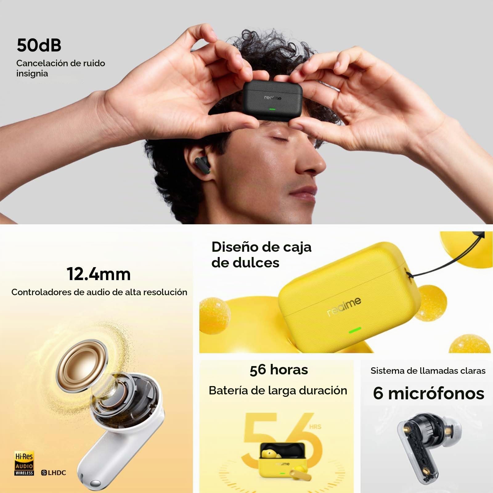 realme Buds T500 Pro Auriculares Inalámbricos con 50dB ANC Cancelación de Ruido, 56H de Batería, Auriculares Bluetooth TWS In-Ear con 12,4 mm Hi-Res Audio Controlador, Traducción con IA, Bluetooth 6.1