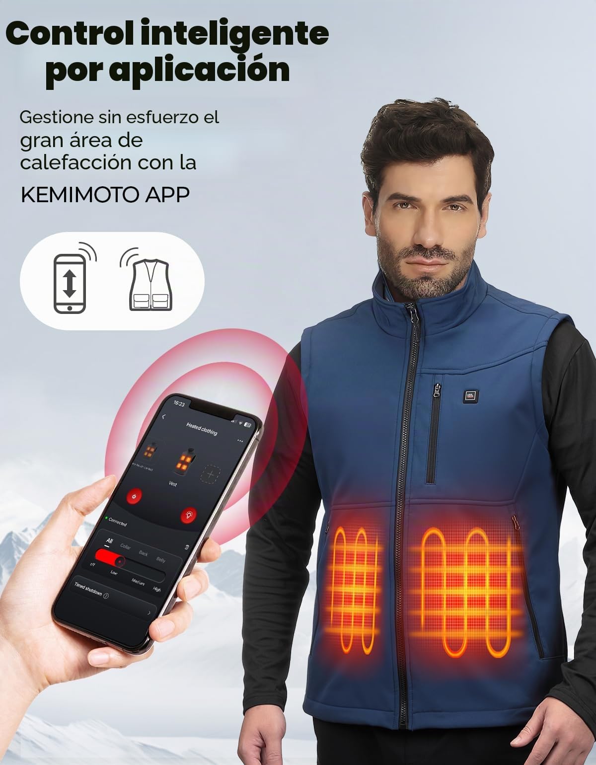 KEMIMOTO Chaleco Calefactable, Chalecos Impermeable Térmicos APP Exclusiva y Batería de 10000 mAh, Tejido Softshell Tela a Prueba de Viento 3 en 1, 4 Zonas de Calor Moto Esquí Senderismo