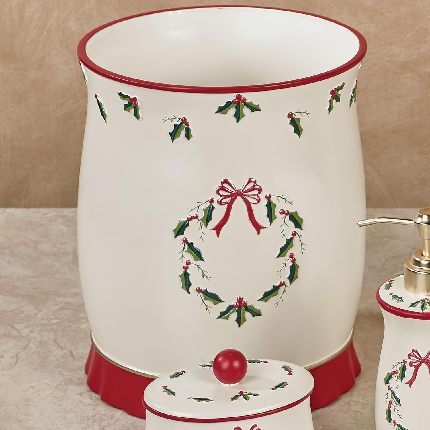 Touch of Class Holly Wreath Wastebasket Eggshell