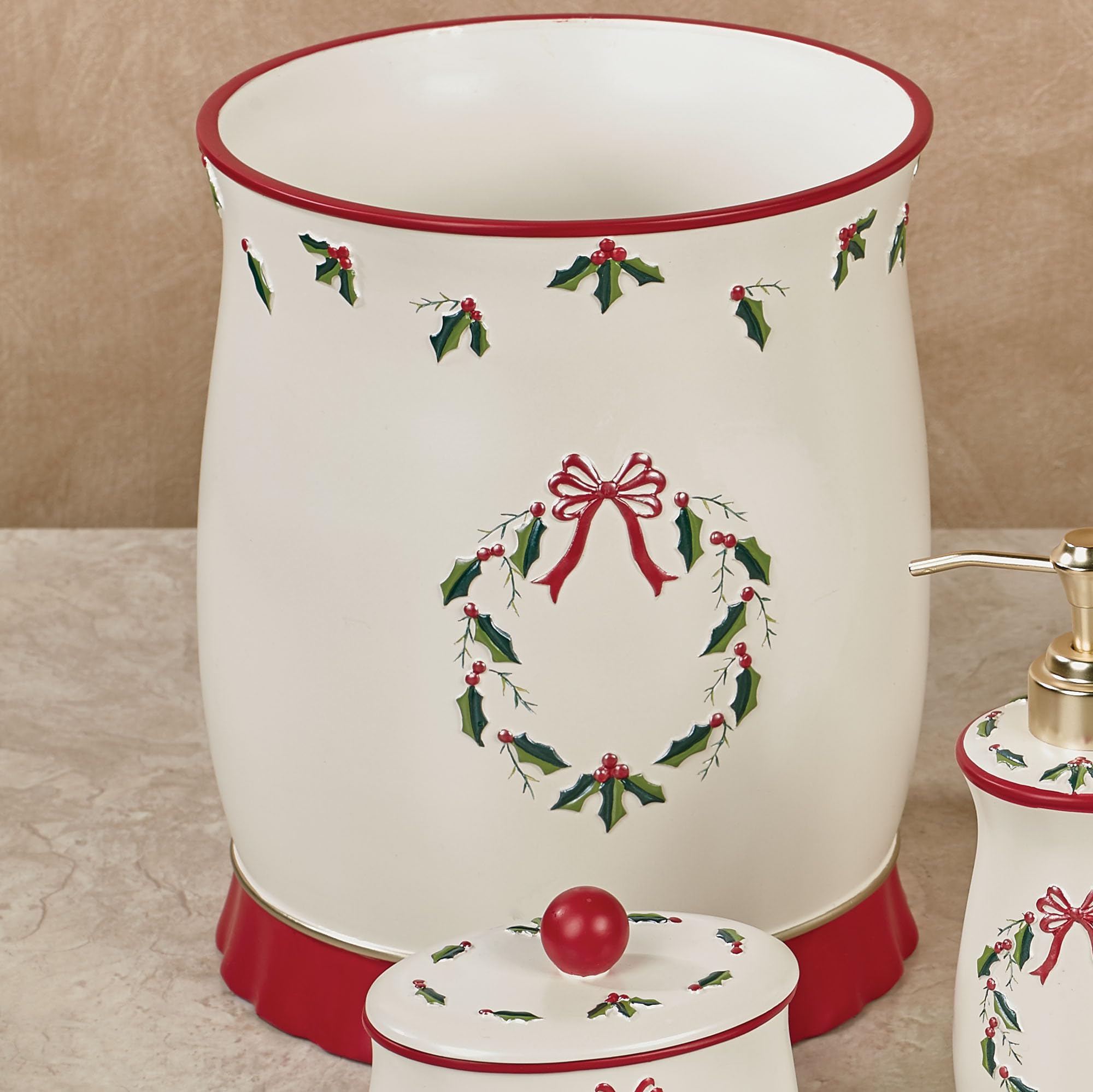 Touch of Class Holly Wreath Wastebasket Eggshell