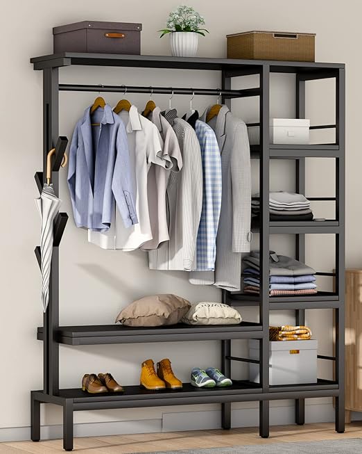 HOKEEPER 650lbs Capacity Free Standing Closet Organizer with 6 Metal Shelves and Coat Rack Heavy Duty Clothing Rack for Hanging Clothes Closet Storage Wardrobe Closet Garment Rack for Bedroom