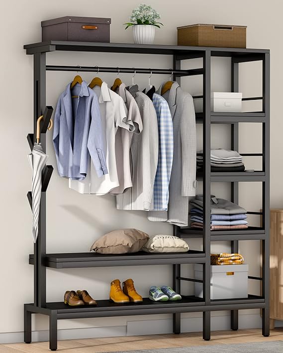 HOKEEPER 650lbs Capacity Free Standing Closet Organizer with 6 Metal Shelves and Coat Rack Heavy Duty Clothing Rack for Hanging Clothes Closet Storage Wardrobe Closet Garment Rack for Bedroom