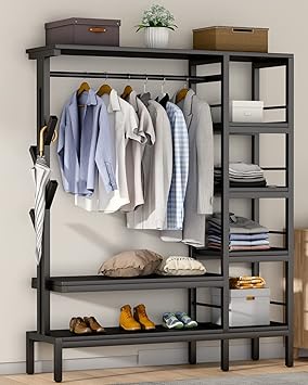 HOKEEPER 650lbs Capacity Free Standing Closet Organizer with 6 Metal Shelves and Coat Rack Heavy Duty Clothing Rack for Hanging Clothes Closet Storage Wardrobe Closet Garment Rack for Bedroom