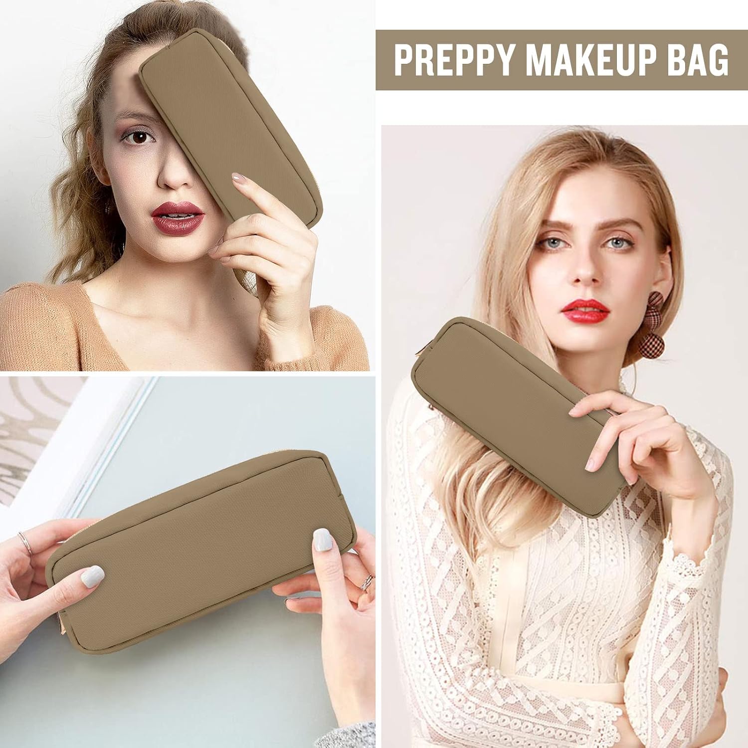 IZUZTA Nylon Slim Makeup Bag, Preppy Cute Makeup Brush Case Bag, Waterproof Travel Toiletry Bag Clutch Coin Pouch Make Up Organizer for Women Girls (Khaki) image 4