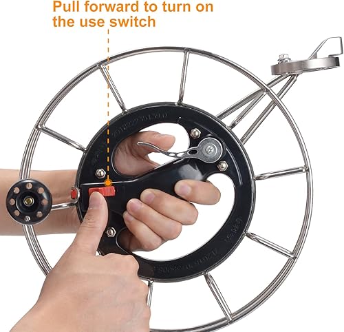 Miniatura 4 de Carrete de cometa de acero inoxidable de metal con freno, 11.2 pulgadas de diámetro, bloqueo de seguridad y conectores de línea de rodamientos, guía