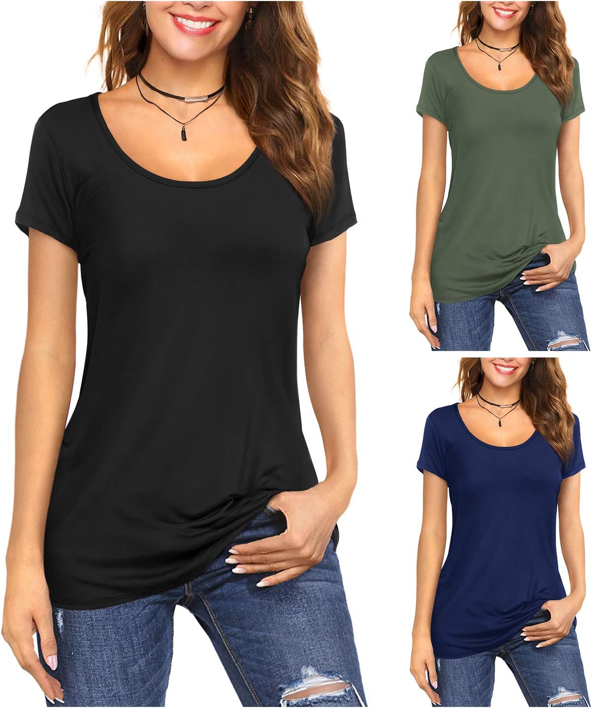 Amoretu Women's Scoop Neck Short/Long Sleeve Tees Cotton T Shirts Blouses Tops
