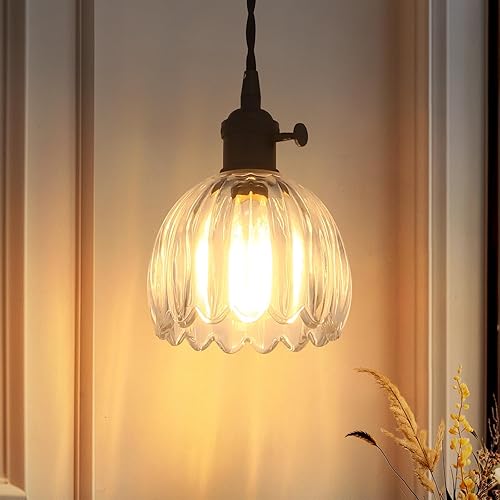 Lámpara colgante vintage negra con pantalla de cristal de tulipán transparente, accesorios de luz colgantes ideales con cable de 70 pulgadas para