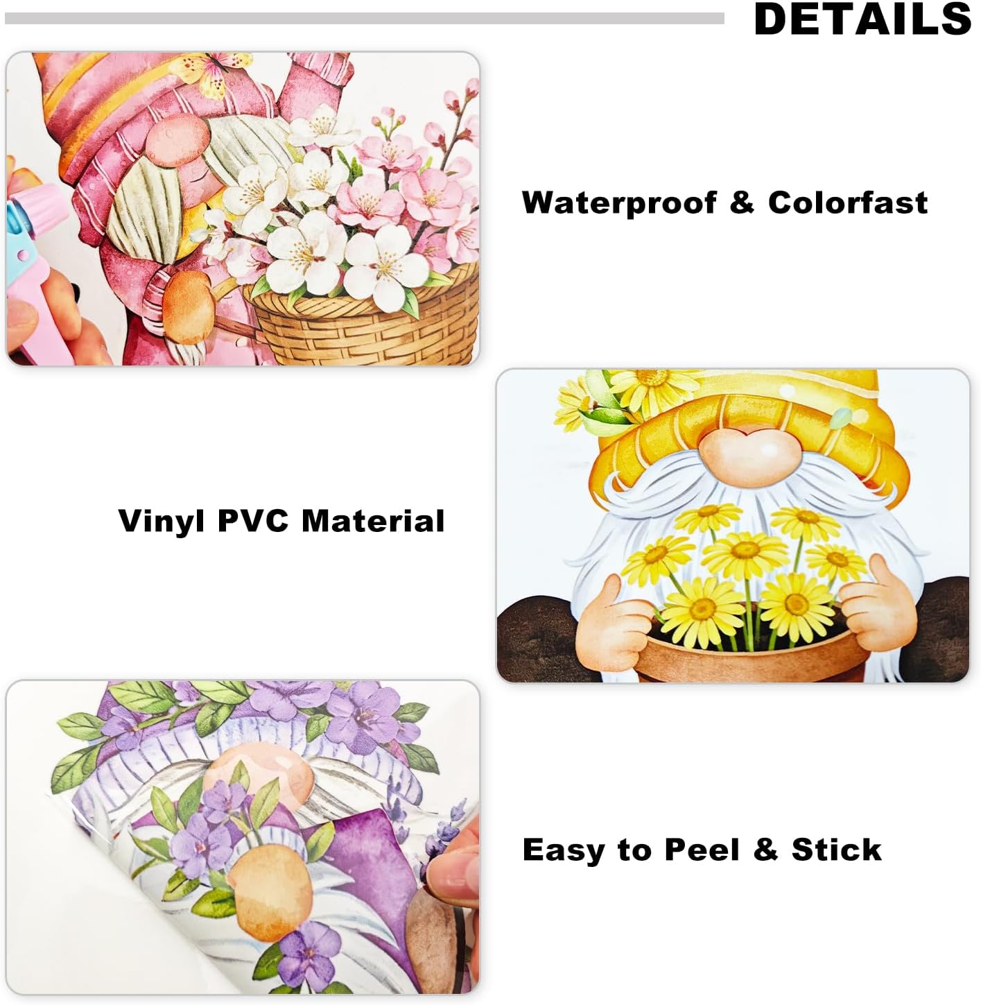 Spring Gnome Window Clings Stickers, Watercolor Floral Butterfly Garden Decals Peel and Stick Murals for Home Window Glass Spring Decor (Colorful Spring Gnome)