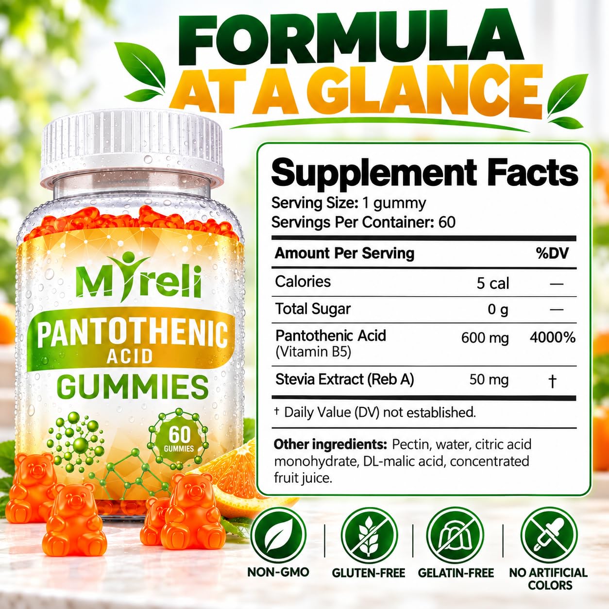 Pantothenic Acid Gummies - Vegetarian Vitamin B5 Supplement, D-Calcium Pantothenate Formula, Non-GMO, Gluten Free, 60 Chewables, Gelatin Free, Soy Free, Dairy Free, No Artificial Colors — Amazon image 3