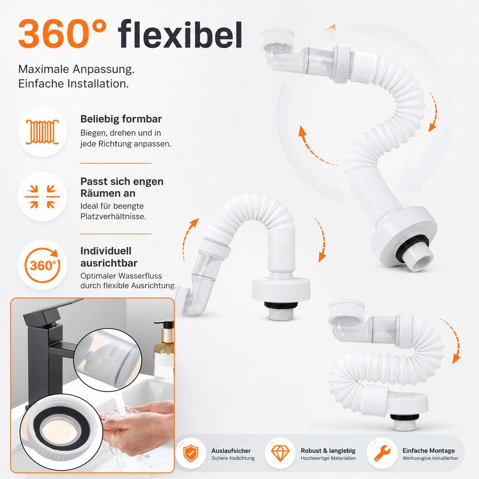 Sifón de ahorro de espacio, sifón de ahorro de espacio de 1/4 pulgadas, sifón flexible para baño, 360° más flexible y extensible, para fregadero de cocina, lavadora, baño