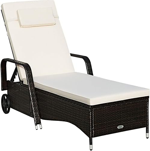 HAPPYGRILL Tumbona reclinable de mimbre de ratán para patio, con cojín y ruedas para balcón, jardín, piscina