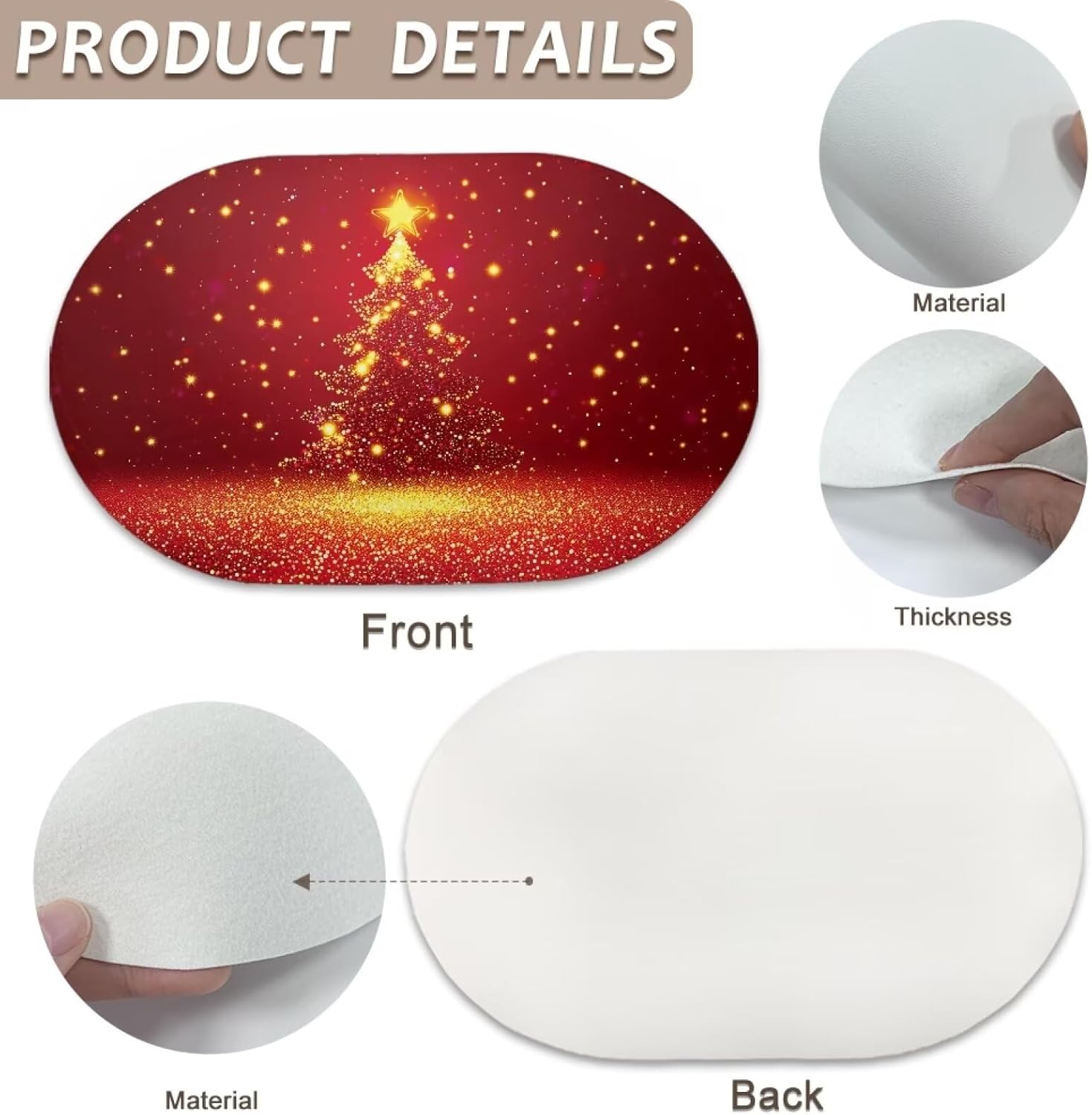 Poceacles Reusable Table Place Mats 6 Pieces, Anti-Skid Oil-Proof PU Leather Insulation Oval Kitchen Placemats for Dining Table Kitchen Decor, 12 x 18 Inch, Christmas Tree Star Red