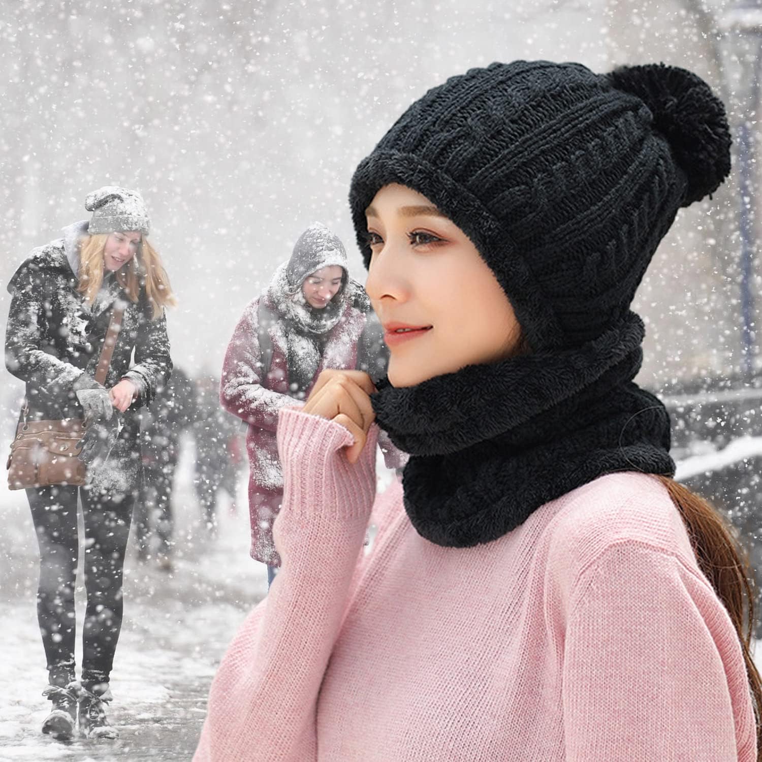 HUAMULAN Women Winter Beanie Hats One Piece Fleece Lined Knit Balaclavas Mask Set Skull Neck Circle Scarf Ski Snow Hat Pompom - Image 7