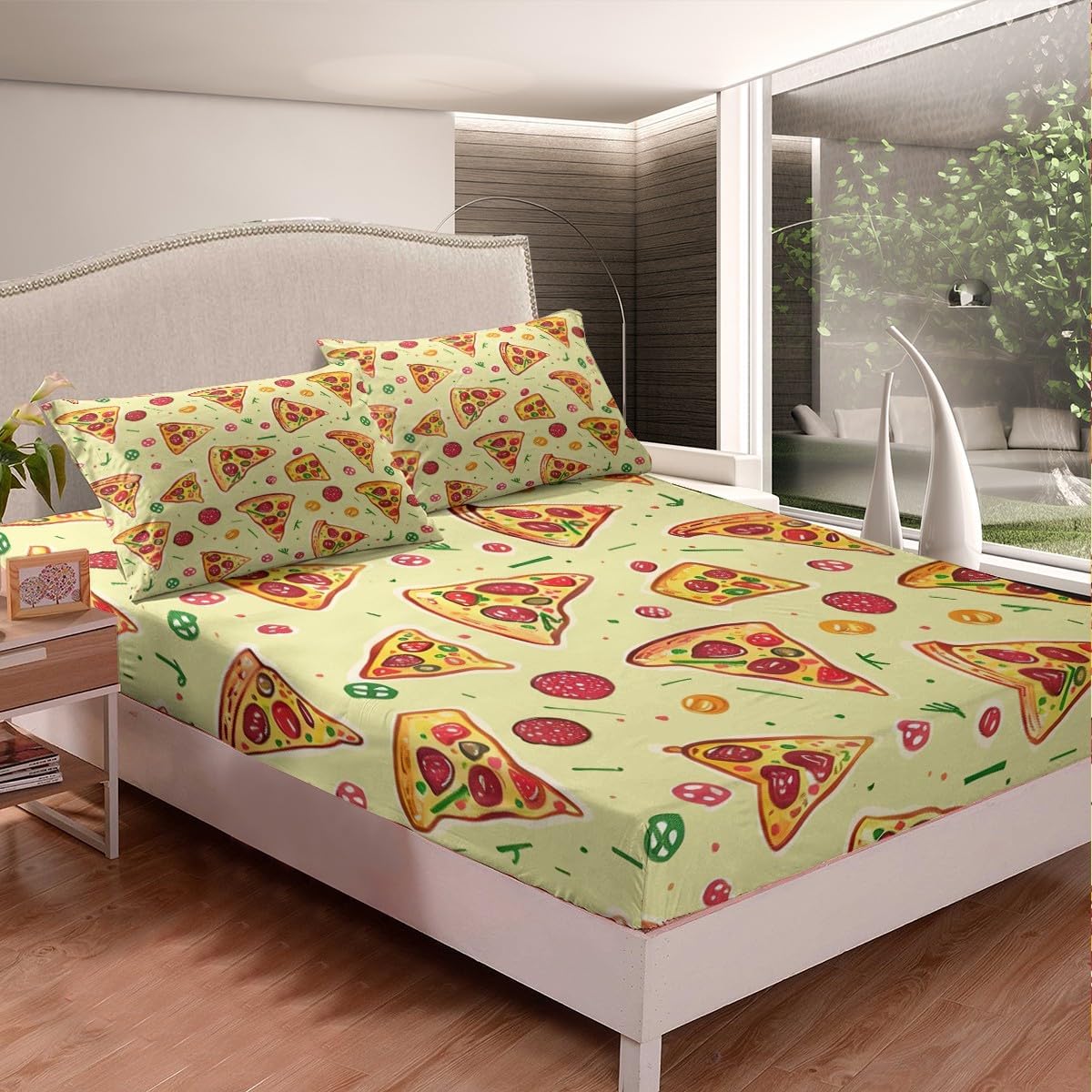 Pizza Fitted Sheet Twin Size,Fast Food Theme Bedding Set for Kids Boys Girls Room Decor,3D Delicious Food Abstract Art Bed Sheet 2Pcs,Funny Dessert Pizza Microfiber Sheet Set,1 Pillowcase