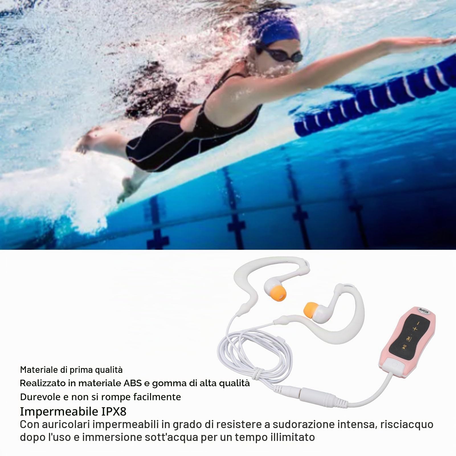 Zunate Auricolari Lettore MP3 Subacqueo, Lettore Musicale in Streaming Impermeabile con Cuffie per Nuoto, Immersioni, Corsa, Tempo di Riproduzione 8 Ore, Suono Superiore (PIN)