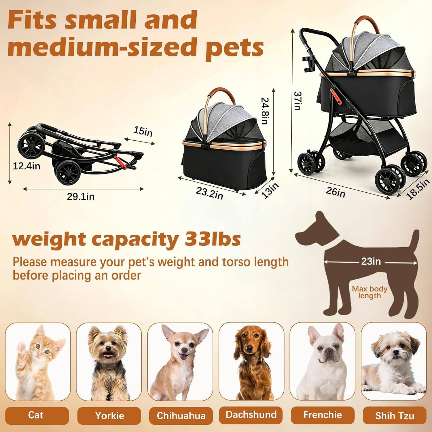 pet stroller for small medium dogs & cats – 3-in-1 detachable carrier, zipperless entry, lightweight folding travel stroller with storage basket, cup holder, gray
