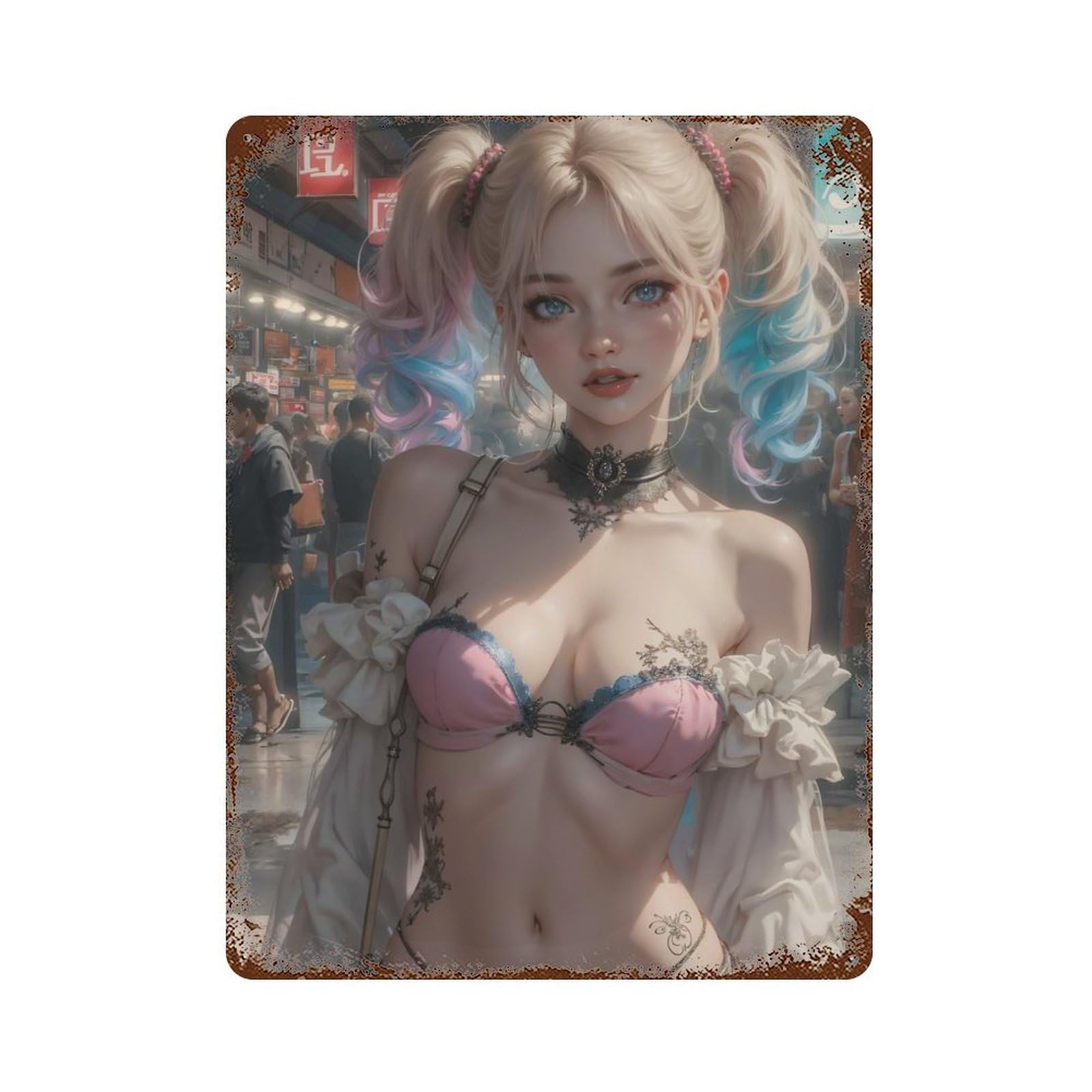 Anime Girl with Pigtails in Cityscape Aged Metal Wall Plaque 15.7"x11.8", for Office, Studio And Wall Decor, Novelty Wall Decor