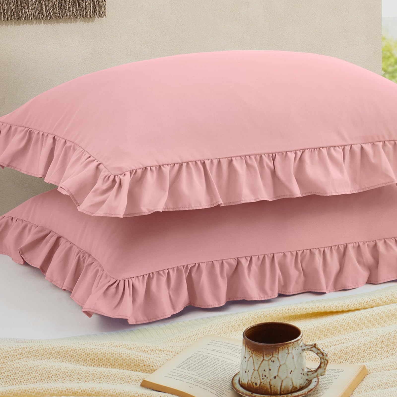 Cobedzy Ruffled Pillow Cases Set of 2, Pink Standard Pillow Shams Brushed Microfiber Edge Ruffled Soft Pillow Cover with Envelope Closure for Bedding Decor (20"x26")