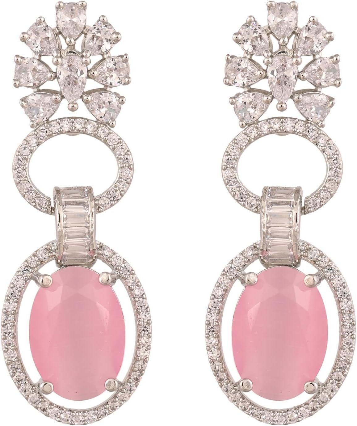 Ratnavali Jewels Silver Plated Cubic Zirconia Dangle Drop Oval Earrings For Women Statement Jewelry Wedding Brides
