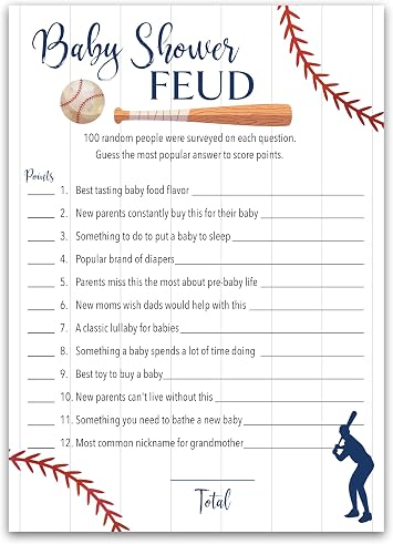 BASEBALL Baby Shower FEUD Game Pack of 25 Fun Shower Family Feud Games, Navy Blue BOY Baby Shower Activity, Rustic Sports Co-ed Couples Shower Fued Games Little Slugger theme G900-BSF
