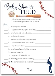 BASEBALL Baby Shower FEUD Game — Pack of 25 — Fun Shower Family Feud Games, Navy Blue BOY Baby Shower Activity, Rustic Sports Co-ed Couples Shower Fued Games Little Slugger theme G900-BSF