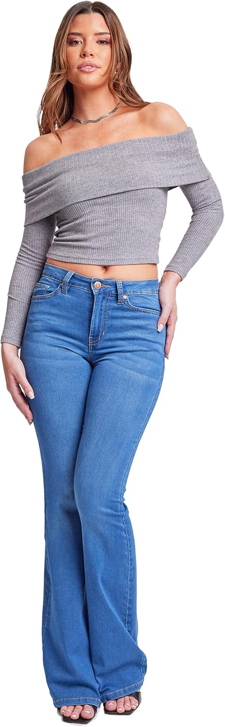 YMI Womens Hyper Denim Basic 5 Pkt 1 Btn Hr Flare Long Inseam - Image 4