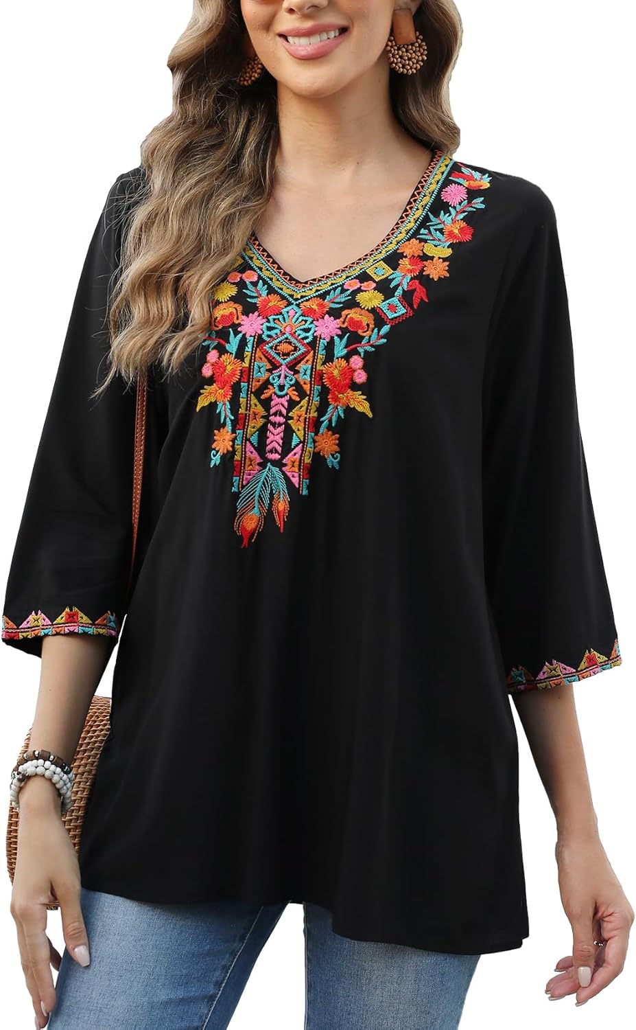 Higustar Women's Mexican Embroidered Tops Boho Style Peasant Shirt Bohemian Tradition Clothes 3/4 Sleeve Tunic Blouse - Image 2