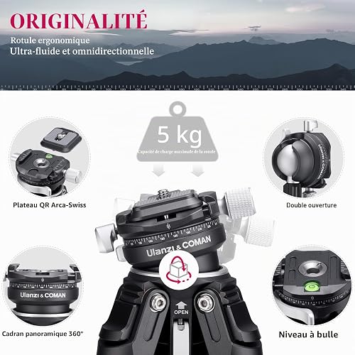 ULANZI Zero Y Trépied de Voyage en Carbone avec rotule panoramique à 360° et rlocation Rapide Arca, trépied photograhy avec Colonne Centrale Amovible, capacité de Charge de 18 kg pour Tous Les - 4