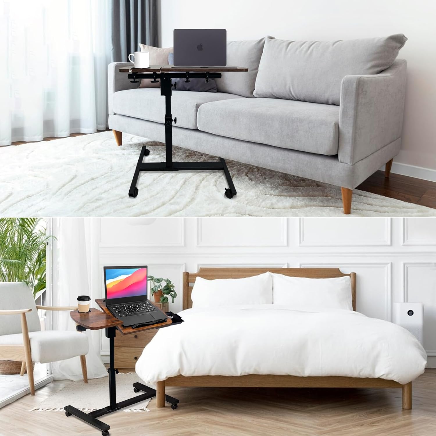 Overbed Table Height Adjustable Bedside Table Hospital Bed Table with 2 Tilting Desktops Mobile Laptop Desk with 2 Tilting Desktops Cup Holder Drawer for Office Home and Hospital