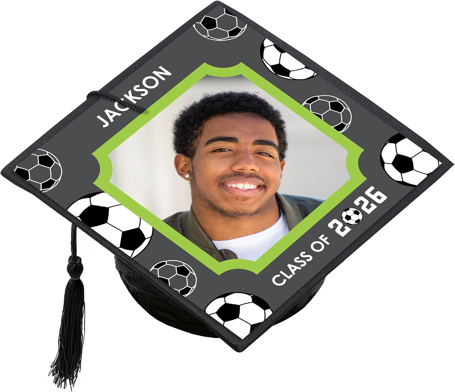 Big Dot of Happiness Custom Photo Soccer 2026 Grad Cap Cover, Personalized Graduation Cap Decorations Kit for High School or College - 1 Count