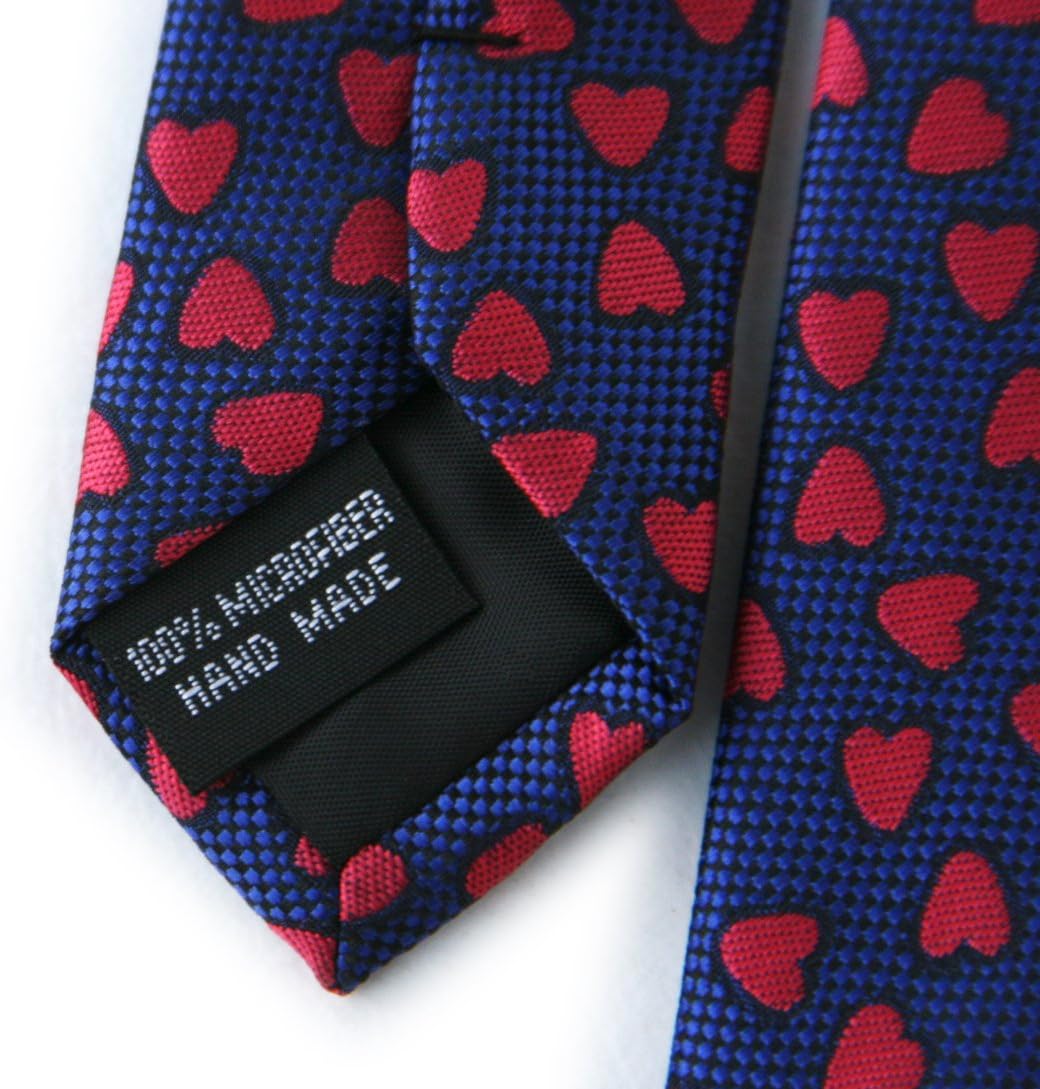 Maker V Men's Valentine's Day Heart Necktie - Navy with Red Heart Motif - Perfect for Him - Handmade Microfiber - 2.75" Wide x 58" Long