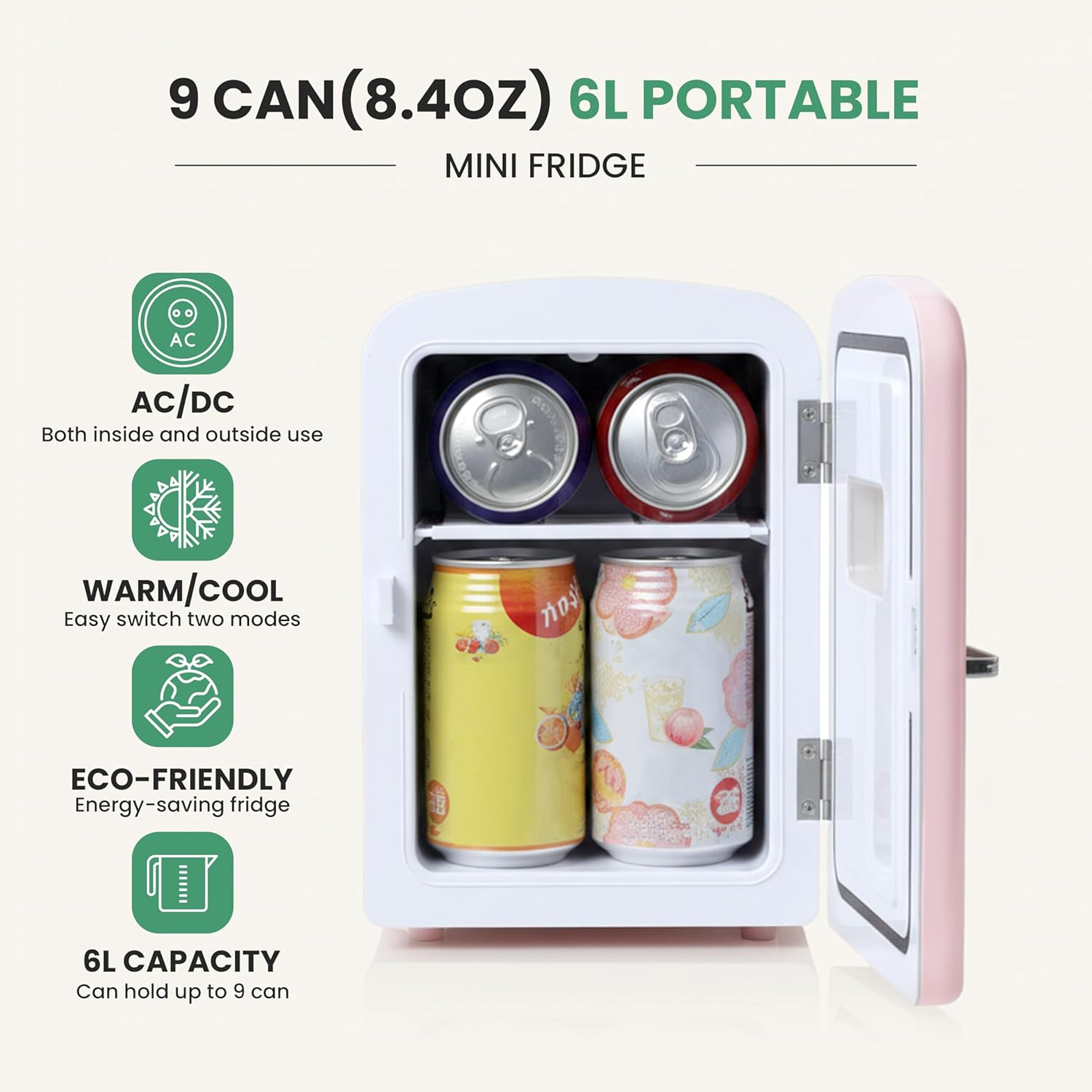 Simple Deluxe 6L/9 Can Mini Fridge with Viewing Window, Portable Cooler & Warmer Cosmetic Fridge, Suitable for Skincare Products, Beverages, and Food, Pink
