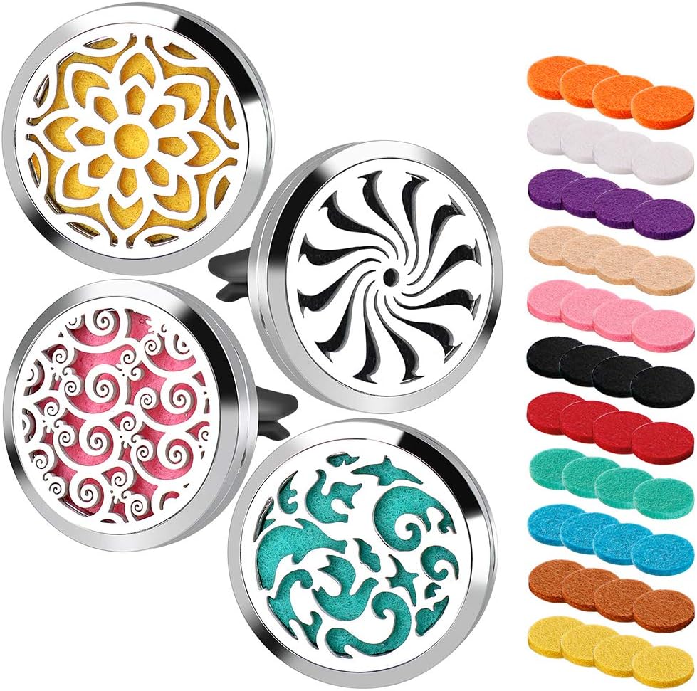 4PCS Car Aromatherapy Essential Oil Diffuser Stainless Steel Locket Magnetic Closure Locket with 44 Refill Pads