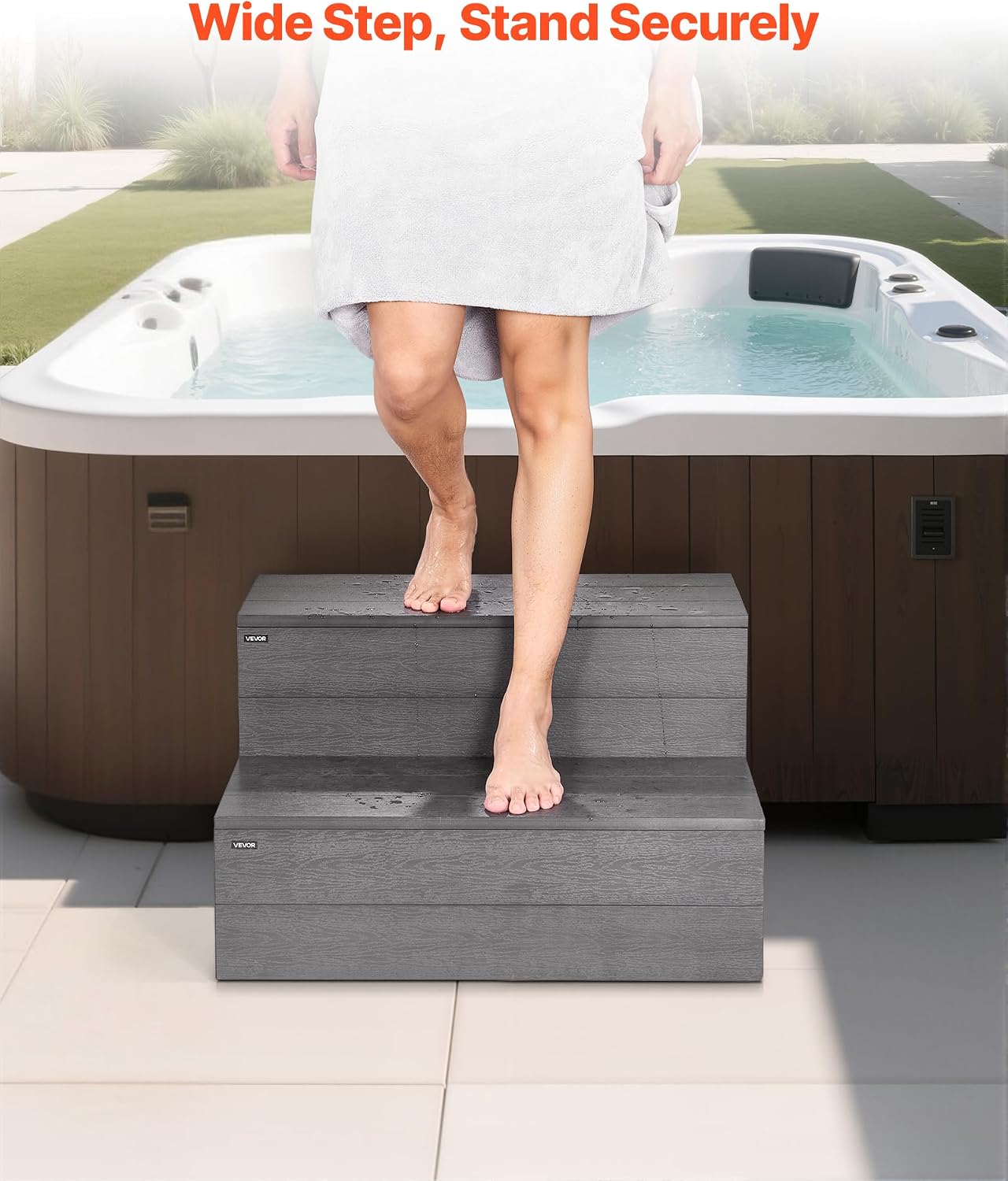 VEVOR Hot Tub Steps, 2-Step Spa Outdoor Stairs, Heavy Duty 25 inch Wide HIPS Above-Ground/Inflatable Pool Step with 600 lbs Weight Capacity, Multi-Use for Porch, Patio, Deck, Campers, Graphite Gray