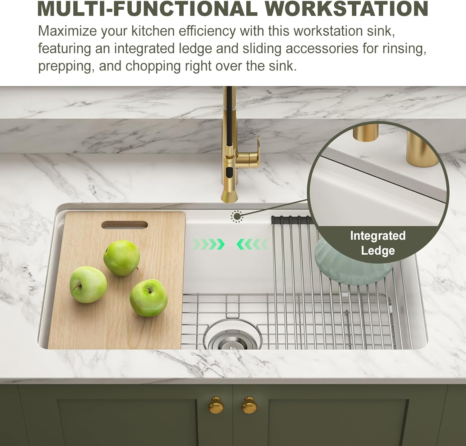 Undermount Kitchen Sink Workstation 33x19 Inch - Drop in White Farm Sink, Single Bowl Deep Fireclay Sink with 4 Accessories, for Kitchen, Island