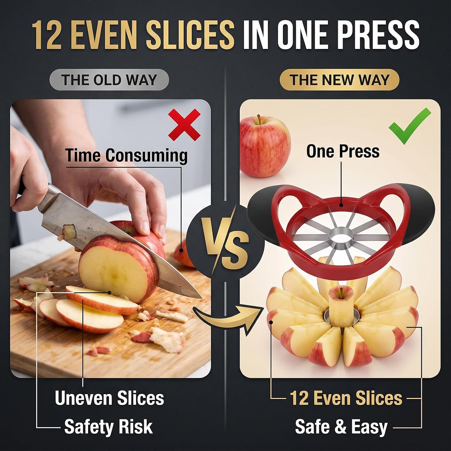 Premium Apple Slicer, Heavy Duty Corer Cutter for Apples - Stainless Steel Fruit Slicer, 4.72 Inch 12 Ultra-Sharp Blades, Non-Slip Handle Lightweight Apple Cutting Gadget