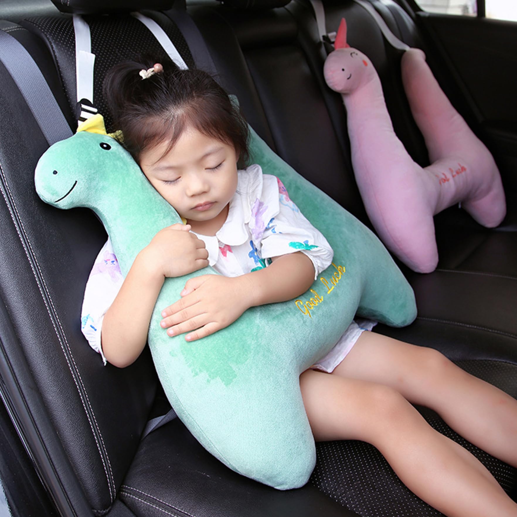 Comebachome Car Pillow for Kids, Cute Dinosaur Shape Soft Seatbelt Travel Pillow Kids, Travel Neck Support Ergonomic Headrest for Car, Decor