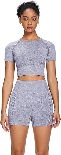 Miniatura 5 de Sytiz Conjunto de 2 piezas de yoga sin costuras para mujer, pantalones cortos de gimnasio y camiseta corta de manga corta