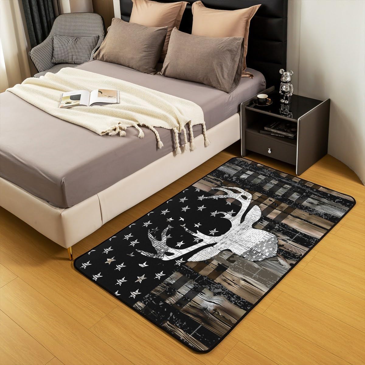 Feelyou American Flag Decorative Carpet Area Rug 5x7 Deer Hunting Living Room Rugs for Kids Girls Decor Cute Deer Accent Rug Western Rustic Wooden Decorative Rug